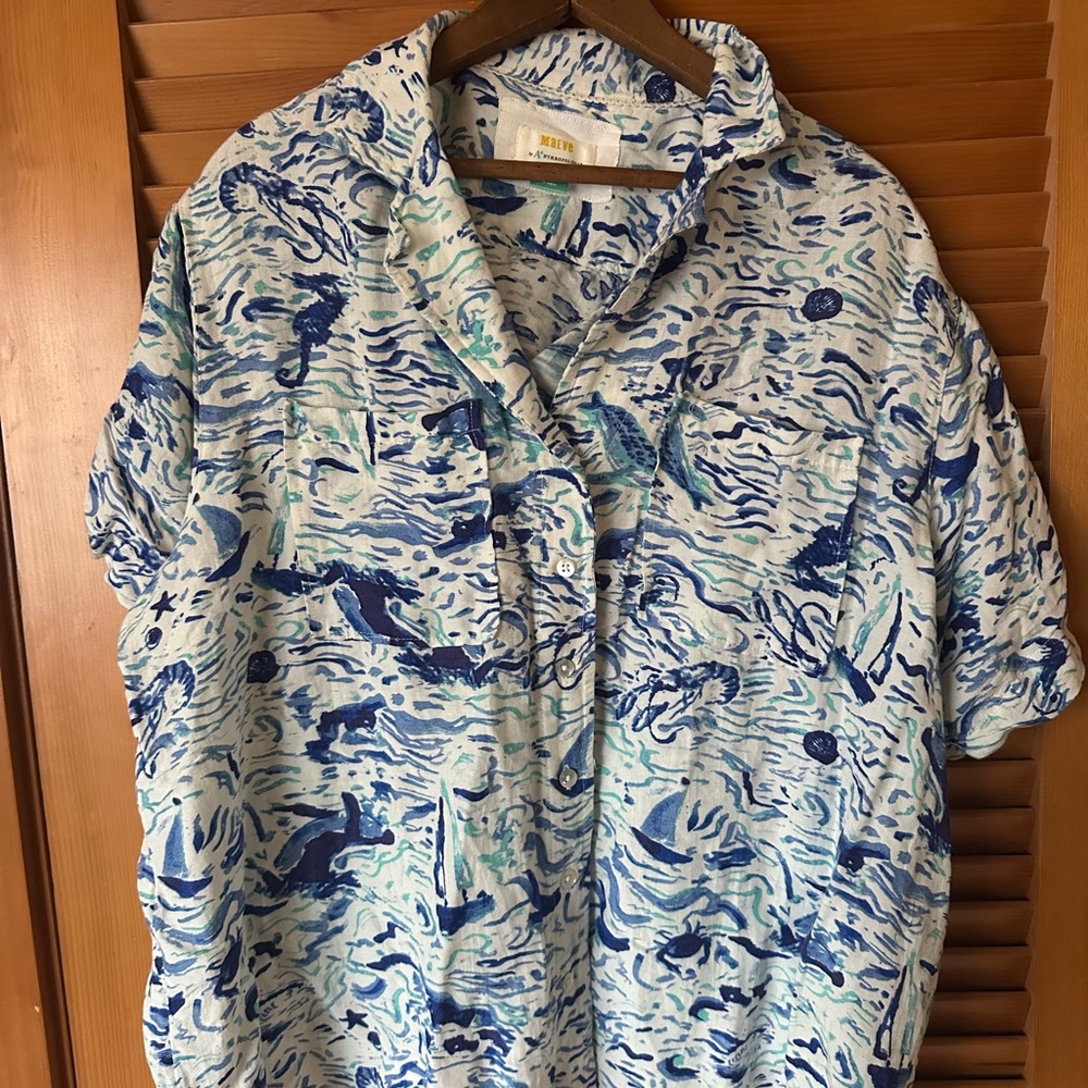 Anthropologie Maeve ocean watercolor linen blouse plus size 1X